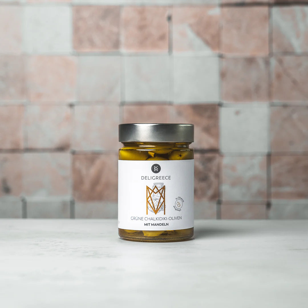 Deligreece Grüne Chalkidiki Oliven mit Mandeln (320g) - Gourmet Markt