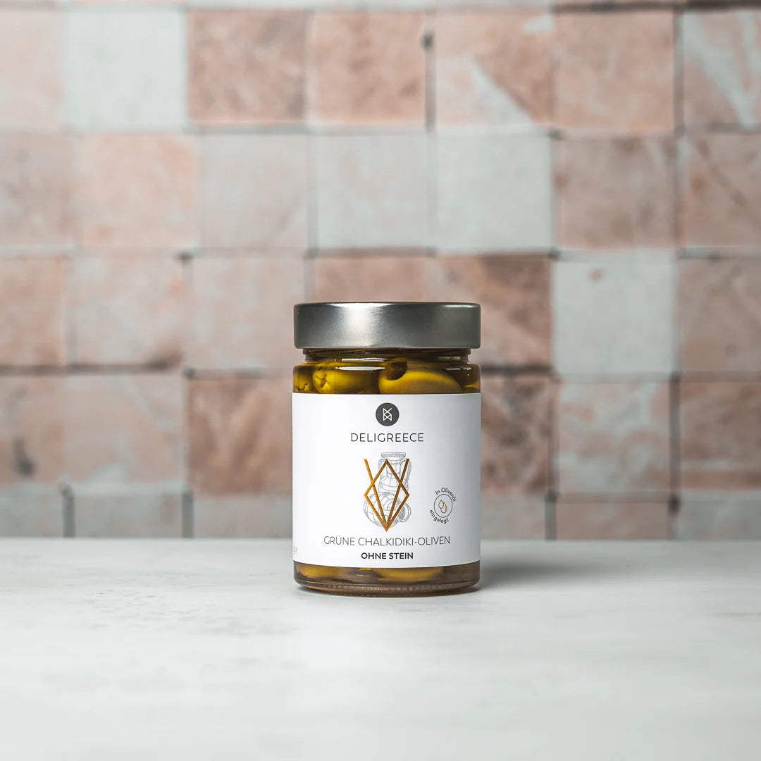 Deligreece Grüne Chalkidiki Oliven ohne Stein (320g) - Gourmet Markt
