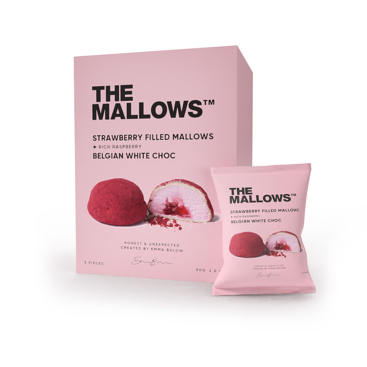 The Mallows Strawberry filled & Belgian white choc Marshmallows (80g) - Gourmet Markt