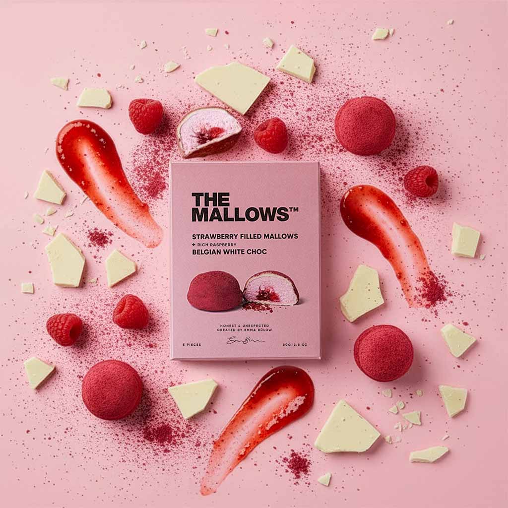 The Mallows Strawberry filled & Belgian white choc Marshmallows (80g) - Gourmet Markt